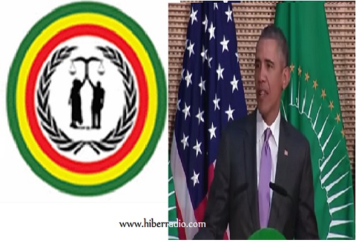 የአርበኞች ግንቦት 7 ዓርማ እና ፕ/ት ኦባማ በአፍሪካ ህብረት